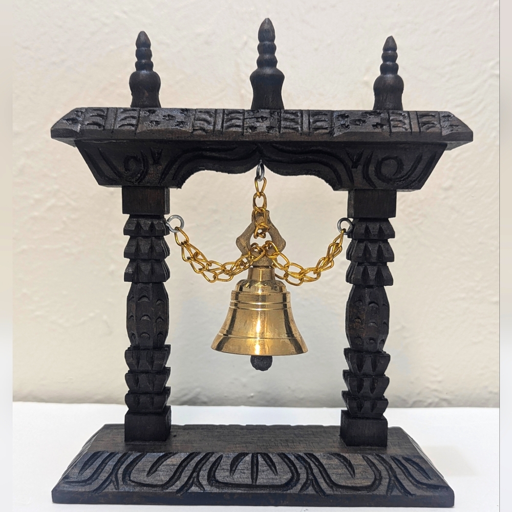 Buddhist Handmade Traditional Table Brass Bell On Wooden Frame. New Without Tag